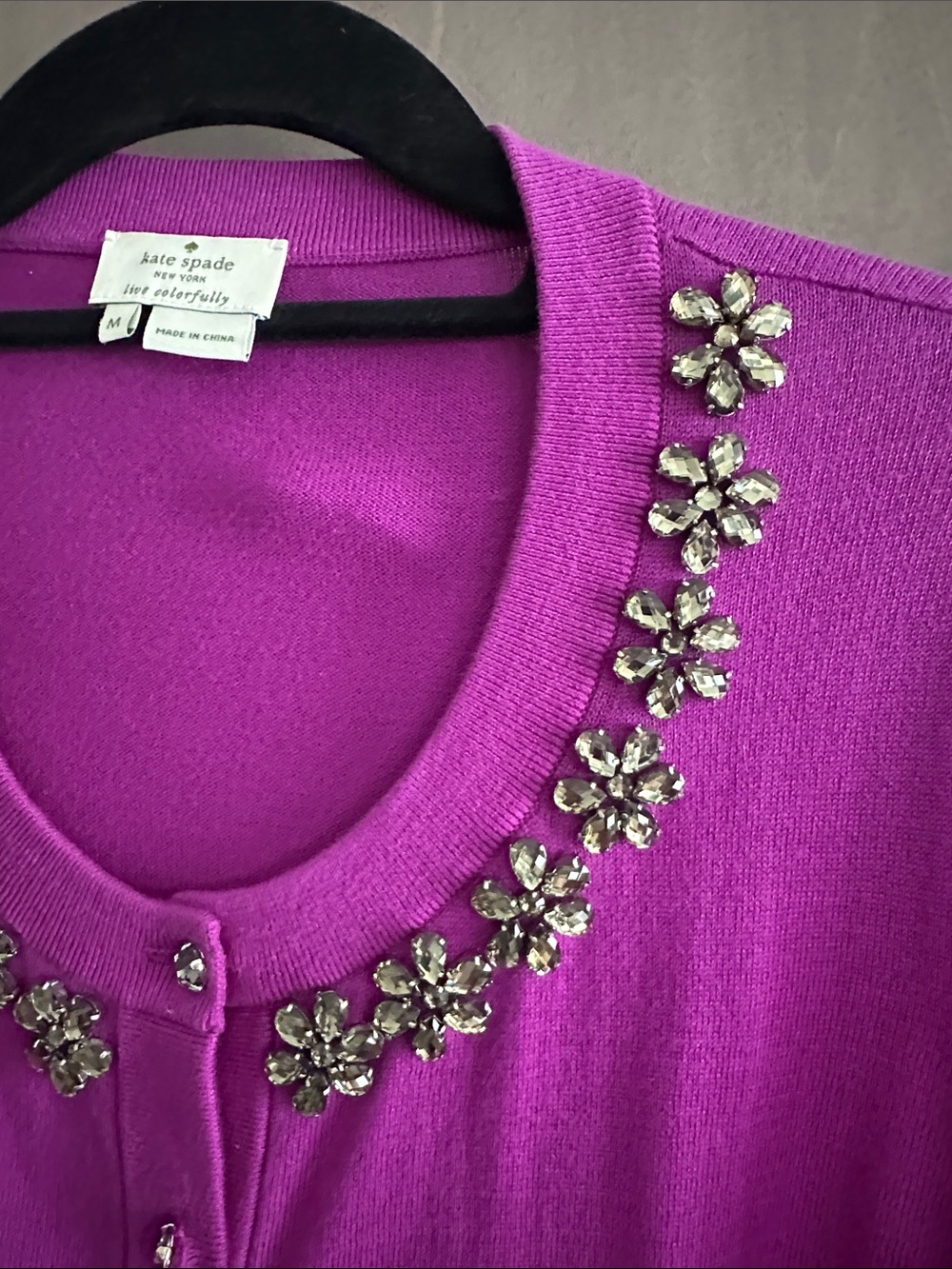 Kate Spade Leni Jewel Embellished 100% Cotton 3/4 Sleeve Purple Cardigan Size M - Picture 4 of 12